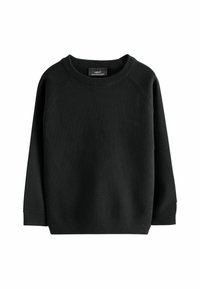 Black knitted sweater with a crew neckline, raglan sleeves, ribbed cuffs, and hem. Soft texture and relaxed fit.