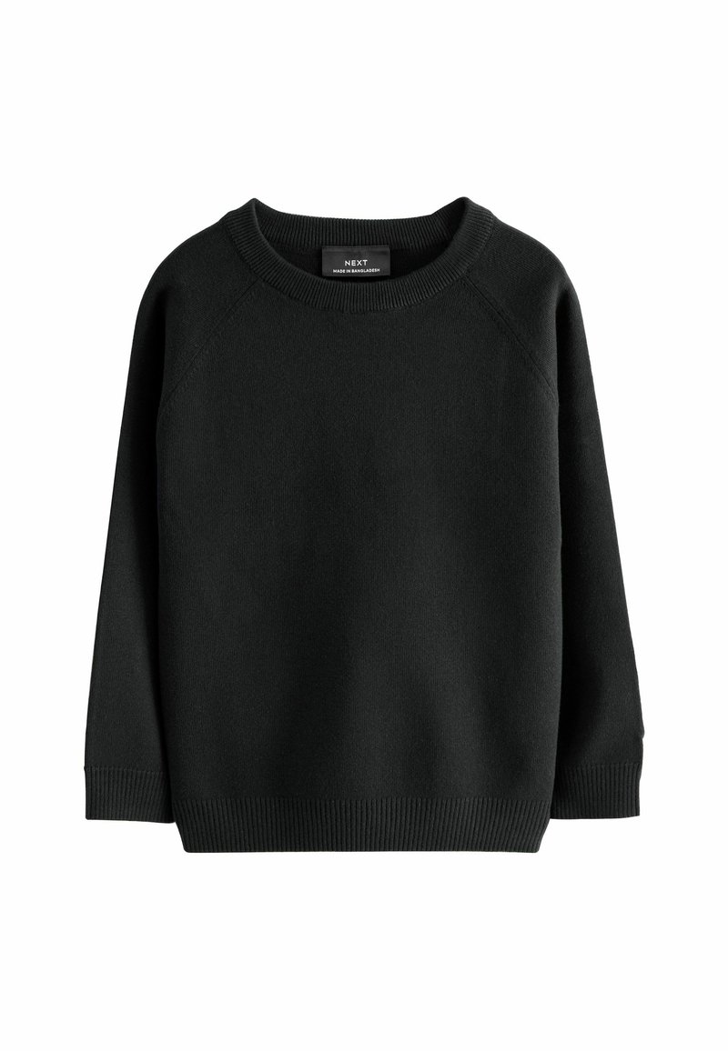 Black knitted sweater with a crew neckline, raglan sleeves, ribbed cuffs, and hem. Soft texture and relaxed fit.