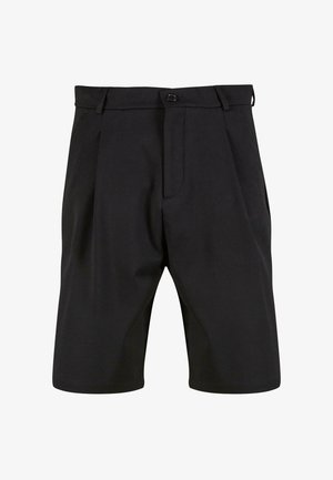 Shorts noirs en tissu lisse avec une coupe ajustée, dotés d'une fermeture à bouton à l'avant, de plis et de poches latérales.