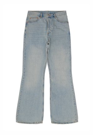 Lichtblauwe flared jeans van denim. Bevat vijf zakken, een knoopsluiting en contrasterende stiksels langs de naden.