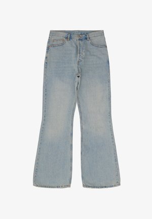 Lichtblauwe flared jeans van denim. Bevat vijf zakken, een knoopsluiting en contrasterende stiksels langs de naden.
