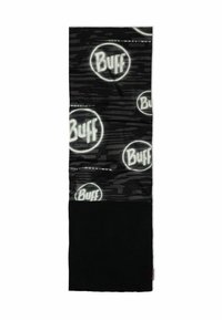 Tejido tubular multifuncional negro con una sección superior texturizada que presenta un patrón de logo repetido y una sección inferior sólida y suave.