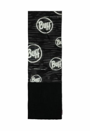 Tejido tubular multifuncional negro con una sección superior texturizada que presenta un patrón de logo repetido y una sección inferior sólida y suave.