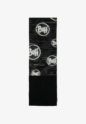 Tejido tubular multifuncional negro con una sección superior texturizada que presenta un patrón de logo repetido y una sección inferior sólida y suave.