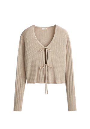 Béžový rebrovaný pletený kardigán s dlhými rukávmi, dvoma prednými zaväzovacími pásikmi, skrátenou dĺžkou a výstrihom do V.