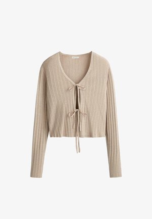 Béžový rebrovaný pletený kardigán s dlhými rukávmi, dvoma prednými zaväzovacími pásikmi, skrátenou dĺžkou a výstrihom do V.