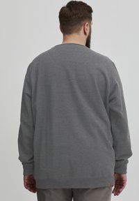 Sudadera gris de manga larga, con cuello redondo y puños de canalé; hecha de una suave tela texturizada; la vista trasera muestra un diseño minimalista.