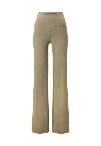 Khaki wijde pijpen gemaakt van rekbare stof, met een hoge tailleband en een gladde textuur met minimale stikdetails.