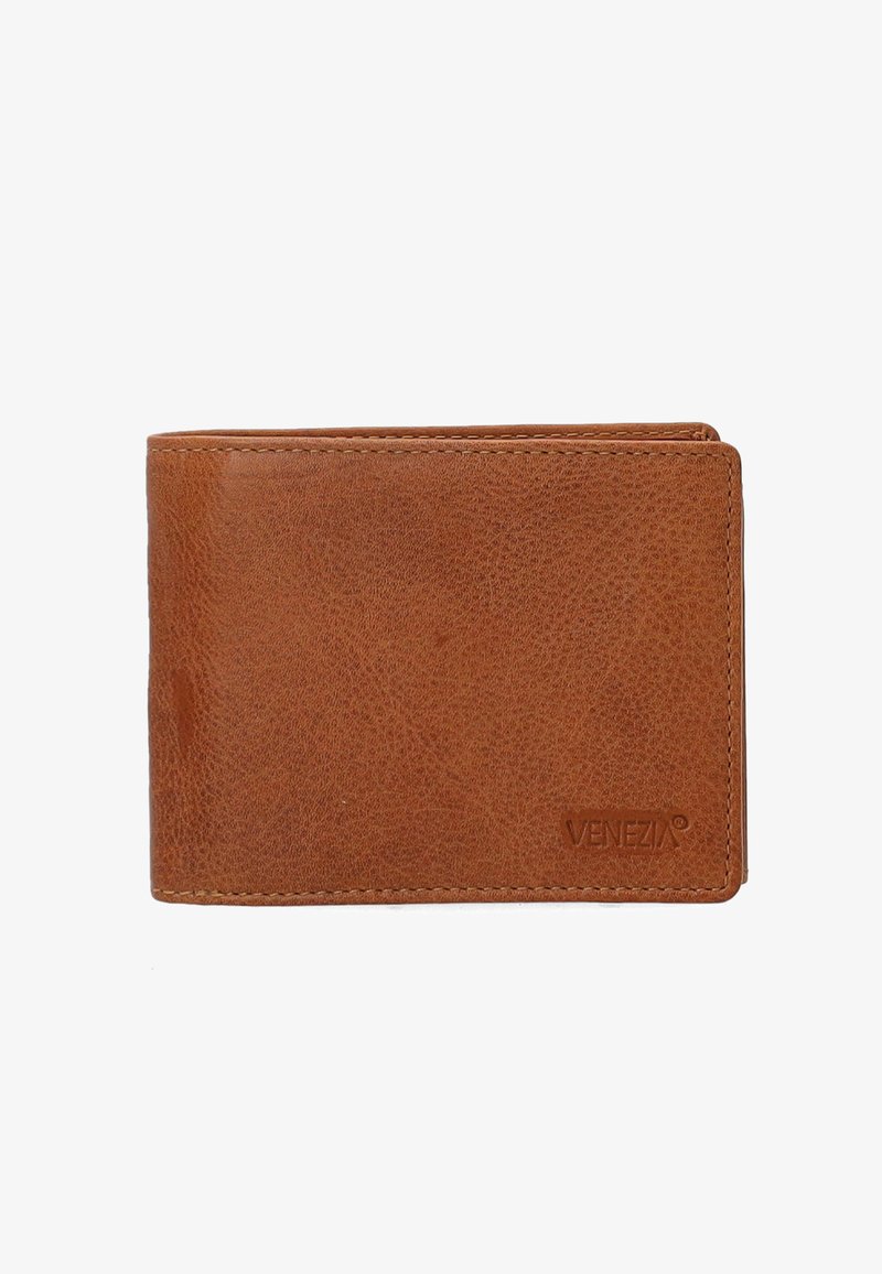 Bruine leren bi-fold portemonnee met een gestructureerd oppervlak, contrasterende stiksels en een geperst logo. Voorzien van meerdere vakken voor kaarten en contant geld.