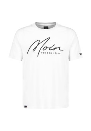Weißes T-Shirt mit kurzen Ärmeln, vorne mit schwarzer Schrift "Moin" und darunter kleinerem Text "von der Küste".
