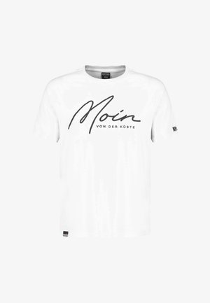 White short-sleeve T-shirt with black script "Moin" and smaller text "von der Küste" below the main text on the front.