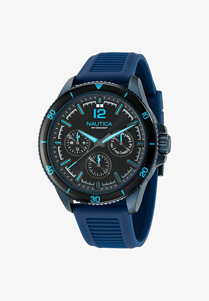 Nautica pulkstenis ar melnu ciparnīcu, gaismu atstarojošiem ziliem akcentiem un silikona zilu siksniņu. Iekļauj trīs subdatus, vienvirziena rāmi, ūdens izturība 100m.