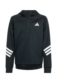 Felpa sportiva nera con colletto a mezza zip, caratterizzata da strisce bianche sulle maniche e un logo bianco sul petto. Texture liscia.