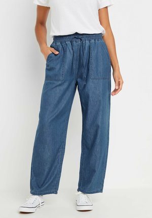 Pantalones vaqueros de pierna ancha en azul oscuro, con una cinturilla elástica, dos bolsillos frontales y una tela suave y texturada.