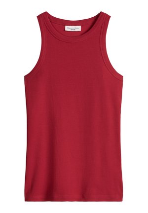 Czerwony prążkowany top bez rękawów z okrągłym dekoltem marki Marc O'Polo Denim, prezentowany na płasko na białym tle.