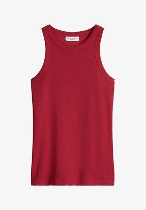 Rode geribbelde mouwloze tanktop met ronde halslijn van Marc O'Polo Denim, plat uitgestald op een witte achtergrond.