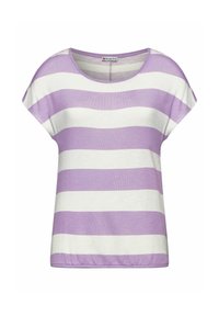 Lila och vit randig kortärmad topp, tillverkad av lätt material, med rund halsringning och en löst sittande design, med en texturerad yta.