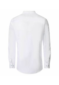 Weißes Langarm-Hemd mit Knopfleiste, von hinten betrachtet, mit einem klassischen Kragen und geknöpften Manschetten.