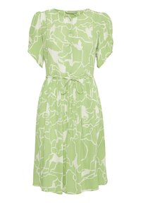 Rochie verde cu mâneci scurte tip puff, deschidere cu nasturi și un model abstract alb. Are un talie legată și o siluetă fluidă.