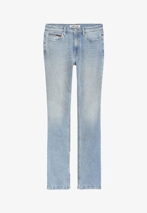 Jasnoniebieskie jeansy o prostych nogawkach z przednimi kieszeniami i etykietą Tommy Jeans na talii.