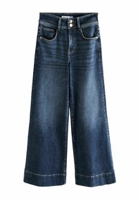 Jeans de denim de pierna ancha en azul oscuro con un acabados desgastado. Presenta cierre de doble botón, cinco bolsillos y un dobladillo remangado.