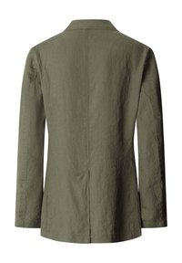 Olivgrüner Blazer mit langen Ärmeln, einem zentralen Rückenschlitz und einem Reverskragen, Rückansicht.