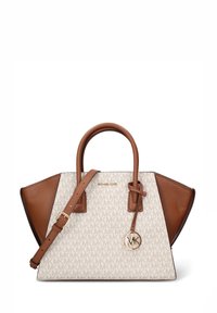 Sac à main beige et crème avec motif logo MK, design structuré, accents géométriques en cuir marron, doubles poignées supérieures et bandoulière amovible.