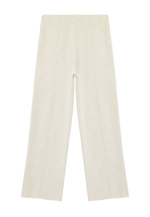 Lichtgrijze wijde broek met een gladde textuur, met zijklassen en een hoge taille. Gemaakt van een zachte, rekbare stof.