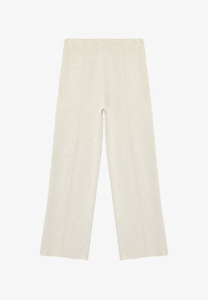 Lichtgrijze wijde broek met een gladde textuur, met zijklassen en een hoge taille. Gemaakt van een zachte, rekbare stof.