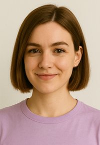 Kortärmad lavendel t-shirt, mjuk bomullstextur, rund halsringning, bärs av en person med kort brunt hår och små örhängen.