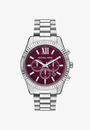 Silver metal Michael Kors wristwatch with a burgundy dial, three subdials, date window at 4 o'clock, and Roman numeral XII at 12 o'clock.