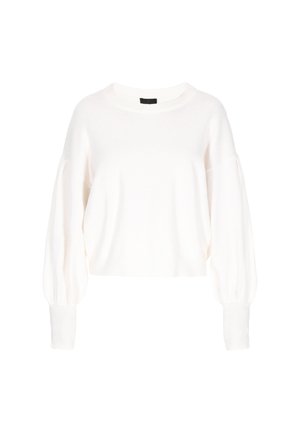 Gekürzter weißer Strickpullover mit Rundhalsausschnitt, Ballonärmeln und gerippten Bündchen. Weiche Textur, minimalistisches Design, keine Muster oder Akzente.