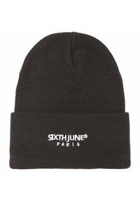 Svart stickad mössa med vikbar kant. Har vit broderad text "SIXTH JUNE PARIS" på framsidan. Mjuk textur, snug passform.