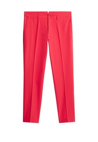 Rode broek met een rechte pasvorm, gemaakt van een gladde stof, voorzien van twee zijzakken en een knoopsluiting. Geen zichtbare patronen of accenten.