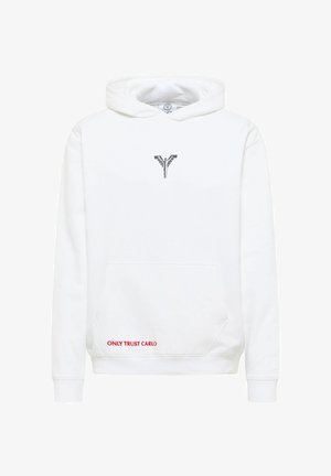 Weißer Hoodie mit einer Fronttasche, ausgestattet mit einem grauen Logo, das zentral oben positioniert ist, und "ONLY TRUST CARLO" in roter Schrift auf der unteren Seite. Baumwollstoff.