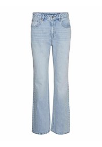Jeans de mezclilla de tiro alto en azul claro con corte acampanado, diseño de cinco bolsillos y cierre de botón. Detalles de desvanecimiento sutil y costuras visibles.