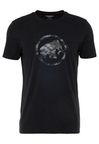 Camiseta de algodón negra con un logo circular reflectante de Mammut y una silueta de animal estilizada. Cuello redondeado clásico, mangas cortas.