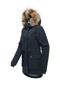 Navy parka jacket with faux fur hood, zipper and button closures, adjustable drawstring waist, and side pockets. Water-resistant fabric.
