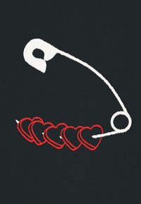 Conception d'une épingle de sûreté avec des contours blancs, comportant cinq cœurs rouges reliés par une ligne, sur un fond noir.