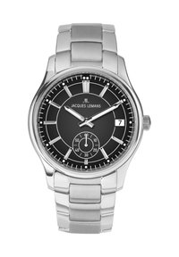 Urtavla av rostfritt stål med svart urtavla, silverfärgade tim- och minutvisare, datumvisning och en sekundvisare på en underdials. Armband i metall.
