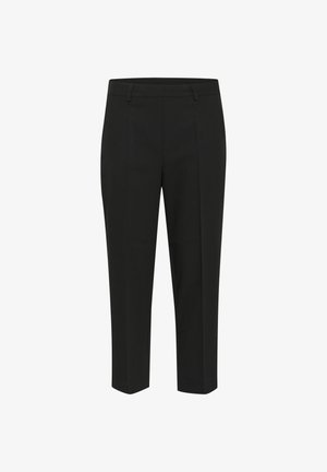 Pantaloni negri, confeccionați pe măsură, cu croială dreaptă, având pliseuri în față, o textură a țesăturii netedă și un talie de înălțime medie. Fără buzunare vizibile.