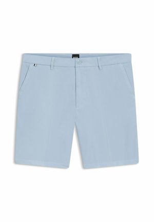Pantalones cortos para hombre de color azul claro con cierre de botones, presillas para cinturón, bolsillos laterales y una pequeña etiqueta de marca en la cintura izquierda.