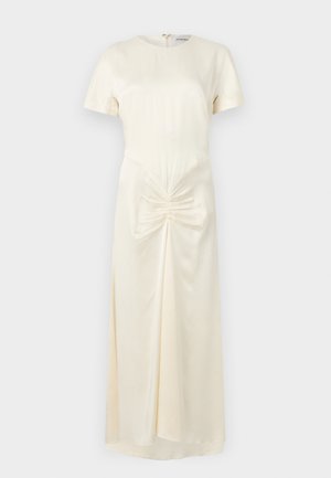 Off-white satin midi dress with short sleeves, crew neck, and gathered detailing at the front waist, displayed on a plain background.