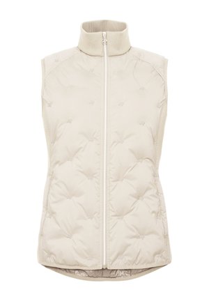 Beige polstret vest med høj krave og fuld lynlås foran. Har et quiltet design og en let buet kant. Blød, glat tekstur.