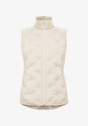 Beige polstret vest med høj krave og fuld lynlås foran. Har et quiltet design og en let buet kant. Blød, glat tekstur.