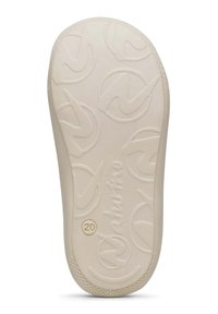 Přírodní béžová gumová podrážka boty s texturovaným vzorem, která obsahuje vyražené logo a hladký okraj pro lepší přilnavost.