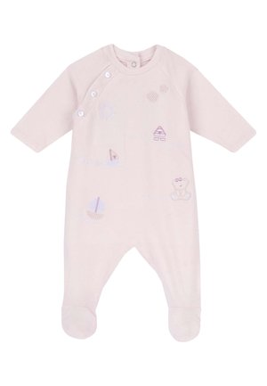 Pale pink infant onesie with long sleeves, footed design, and embroidered details of suns, boats, and a teddy bear. Snaps at shoulder.
