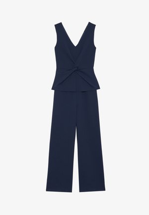 Navy jumpsuit met een V-hals, mouwloos ontwerp, een gedraaide voorkant en wijde broekspijpen. Gemaakt van een gladde stof.