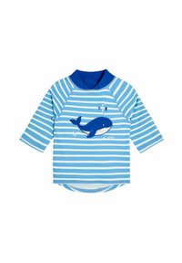 Rash guard plave i bijele pruge s dugim rukavima, s dizajnom kita sprijeda i jednobojnim plavim ovratnikom.