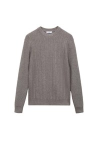 Grey knitted sweater with a ribbed texture, round neckline, and long sleeves. Features a fitted waist and cuffs. Soft material.